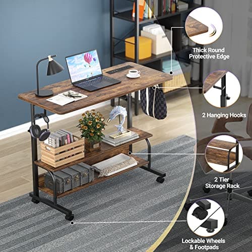 Armocity Rolling Standing Desk with Power Outlets, 32" Manual Height Adjustable Mobile Computer Desk with Wheels, Small Portable Sit Stand Laptop Couch Table for Bed & Sofa Home Office, Rustic Brown 5