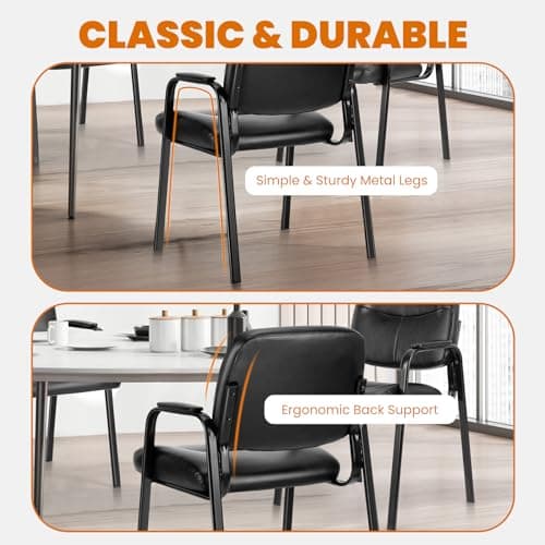 Elevon Waiting Room Chairs No Wheels Set of 4, Leather Stationary Office Reception Guest Chair with Padded Arms for Elderly Desk Conference Room Lobby Table Side Salon 5