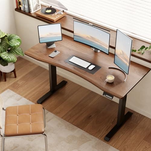 Solid Wood Electric Standing Desk 55"x23.6"Home Office Desk,Adjustable Workbench with 3 Stages Dual Motor, Computer Workstation with T-Shaped Metal Bracket,Walnut Standing Table for Gaming Room(1 Box)