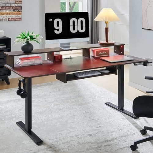 RedLemon 60Inch Gaming Desk, Electric Standing Desk with Height Adjustable, Power Outlets, LED Lights, Keyboard Tray, and Monitor Shelf, Stand Up Computer, Dark Walnut