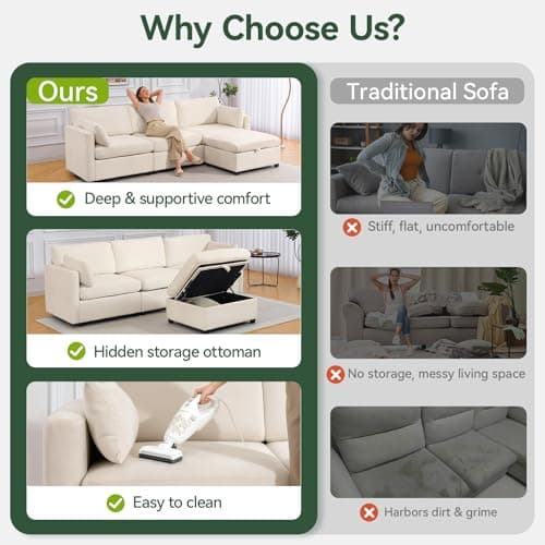 109'' Modular Sectional Sofa, L Shaped Couch with Storage Ottoman, Comfy Cloud Sofa with Deep Seat, 4 Seat Convertible Sectional Couches for Living Room (Beige, Low Legs 1.97") 6