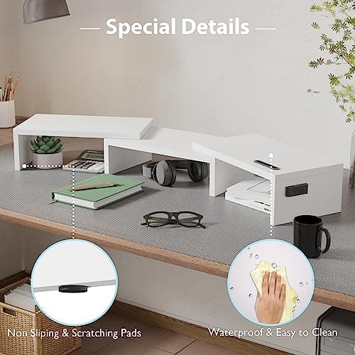 BONTEC Dual Monitor Stand Riser with Smartphone Holder, Adjustable Length & Swivel Angle, Ergonomic Wooden Desktop Organizer for PC Monitor, Laptop, Printer, Large Storage, White 7