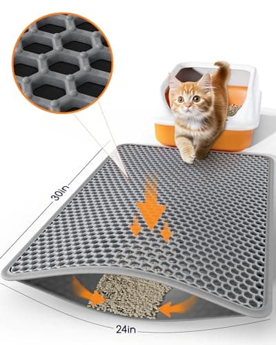 Powools Cat Litter Mat - 30" x 24" Large Litter Box Mat with Double Layers, Urine-Proof and Non-Slip Litter Trapping Mat, Easy to Clean Kitty Litter Mats for Floor, Scatter Control, Grey 6