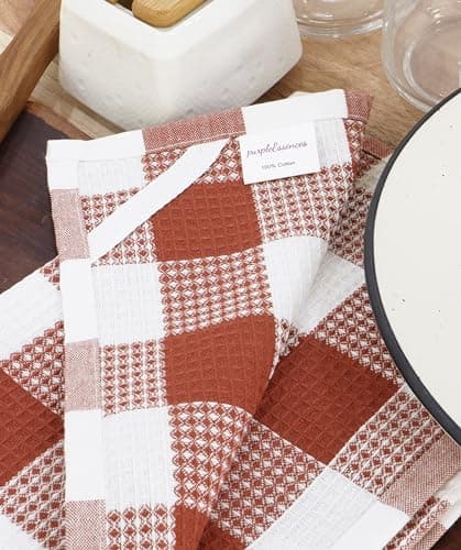 PurpleEssences Rust 100% Cotton Waffle Weave Check Plaid Kitchen Towels, Super Soft and Absorbent Dish Towels for Drying Dishes 15x25-4 Pack - Spring Easter Summer - Rust and White 6