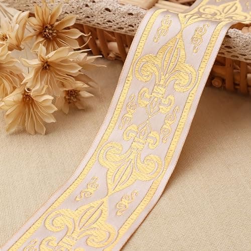 DHFLYDH Golden Jacquard Ribbon 5 Yards Ethnic Jacquard Ribbon Trim Boho Ribbon for Crafts Sewing Curtain Gift Wrapping
