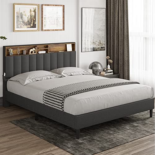 Tiptiper Queen Bed Frame with Storage Headboard & Charging Station, Clearance Upholstered Bed Frame Queen Size with 12 Wood Slats, No Box Spring Needed, Dark Grey 8