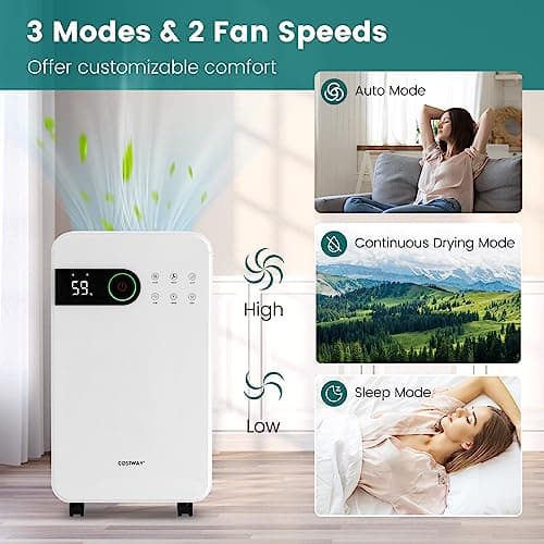 COSTWAY 2,500 Sq. Ft Dehumidifier for Basement, 32 Pints Home Dehumidifier with Wheels, Sleep Mode, 24H Timer, 3-Color LED Indicator Light & Child Safety Lock 5