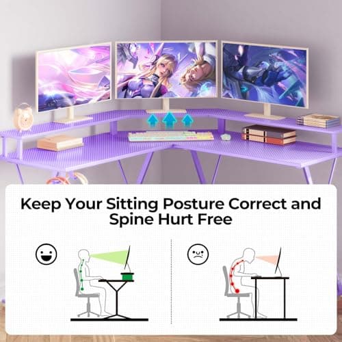 SEVEN WARRIOR Gaming Desk 50.4” with LED Light & Power Outlets, L-Shaped Gaming Desk Carbon Fiber Surface with Monitor Stand, Ergonomic Gamer Table with Headphone Hook, Purple 6