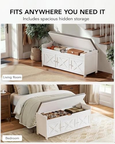 Amada Shoe Storage Bench, Entryway Bench with Cushioned Seat & Lift Top Storage, 3 Doors, Adjustable Shelf, 300 lbs Capacity, Bench with Shoe Rack for Entryway, Bedroom, Living Room, White 5