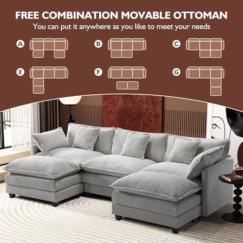 Ihanherry 111.4" U Shaped Modern Cloud Sofa Modular Sectional Couch with 2 Ottoman, 5-Seat Chenille Deep Seat Sofa with Pillow for Living Room, Bedroom and Apartment, Grey 6