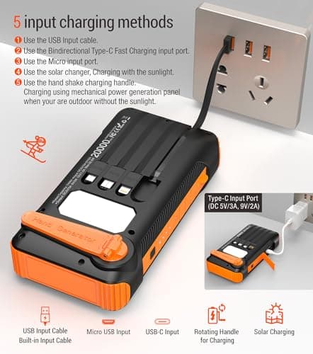 OOPOWEROO Solar Power Bank 20000mAh Built in Hand Crank and 4 Cables 22.5W Fast Charge Power Bank 5 Outputs & 5 Inputs Solar Portable Charger, SOS/Strobe/Strong Flashlights, Carabiner (Orange) 7
