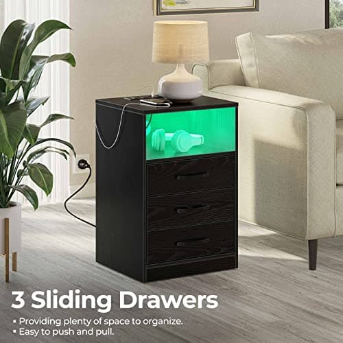 Seventable Nightstand with Wireless Charging Station and LED Lights, Modern End Side Table with 3 Drawers and Open Compartment for Bedroom, Black 7