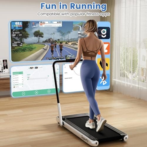 Goplus 2 in 1 Folding Treadmill, 340 LBS Capacity Walking Pad with Handle Bar, Under Desk Treadmill with Apps, Remote Control, LED Display, Foldable Portable Treadmills for Home Small, Office (Silver) 7
