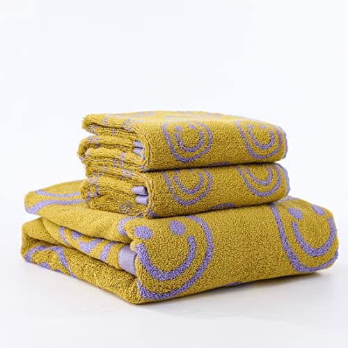 IDORESPELL Luxury Purple Yellow Cute Smiling Face Bath Towel Sets for Bathroom, 1 Bath Towels 2 Hand Towels Washcloths, 100% Cotton Ultra Soft Highly Absorbent for Women Kids Girl Boy Face Body 9
