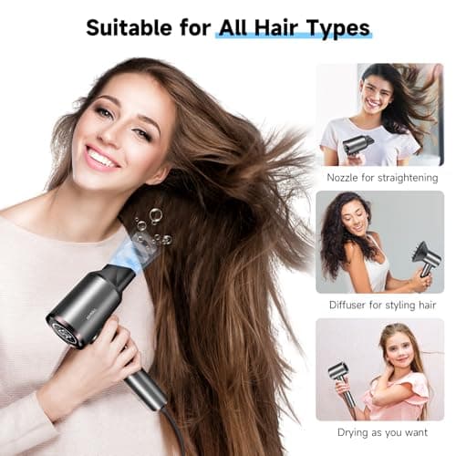 AEMOLL Hair Dryer, 150000RPM Professional High-Speed Negative Ionic Care Blow Dryer, Heat-Control, Fast Drying, Low Noise with Magnetic Diffuser and Nozzle, 4 Temps & 3 Speeds, HD Display Gray 6