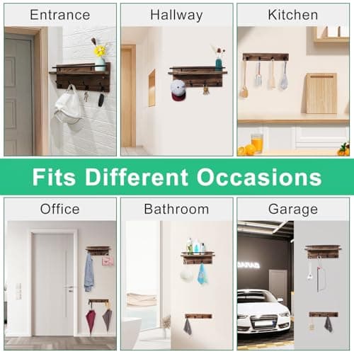 kansata Coat Rack Wall Mount with Shelf Set, Wooden Coat Hooks Key Holder for Wall, Heavy Duty Coat Hanger for Hanging Hats, Purses, Caps, Clothes, Pants - 8 Hooks (Acacia Wood, Dark Brown) 5