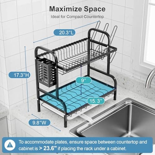 iSPECLE Dish Drying Rack - 2 Tier Dish Rack with Cup Holder, Dish Drainer with Automatic Drainage, Drainboard and Metal Utensil Holder Large Capacity for Small Kitchen Countertop Saving Space, Black 6