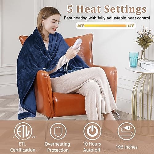 CAROMIO Heated Blanket Electric Throw Queen Size with Dual Control, Reversible Flannel Heating Blankets, Soft Heated Throws for Couch with 5 Heat Settings and 10 Hours Auto Shut Off, Navy, 84"× 90" 2