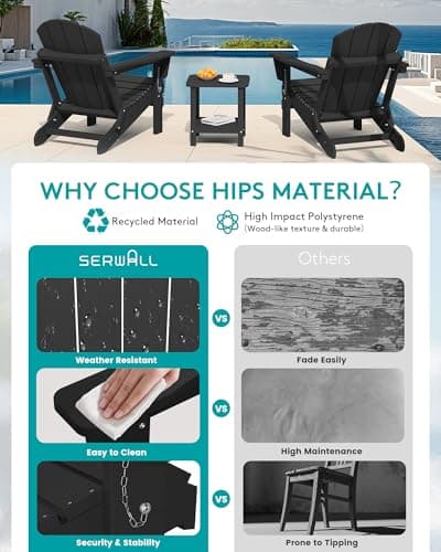 SERWALL Folding Adirondack Chairs Patio Chairs Lawn Chair Outdoor Weather Resistant for Patio Garden, Backyard Deck, Fire Pit - Black 9