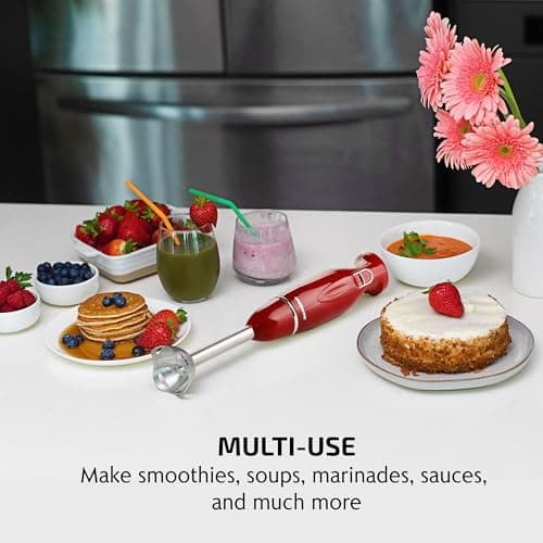 OVENTE Immersion Hand Blender, 300W Corded Electric Handheld Stick Mixer with 2 Mixing Speeds and Stainless Steel Blades for Smoothies, Purees & Baby Food, Red HS560R 8