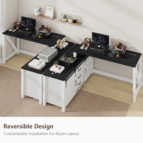 L Shaped Desk With Drawers, Farmhouse Executive Wood Home Office With Power Outlet, Rustic Reversible Computer With Storage Cabinet, Double Sliding Barn Door and Adjustable Shelves 8