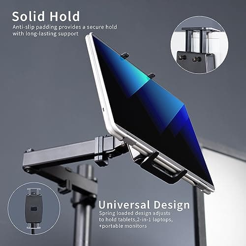 VIVO Universal Tablet Desk Mount, Single Arm Adapter for 2-in-1 Laptops, Holds up to 15.6 inch Portable Monitors Without VESA Holes, Fully Adjustable Stand, Black, STAND-V001UVM 5