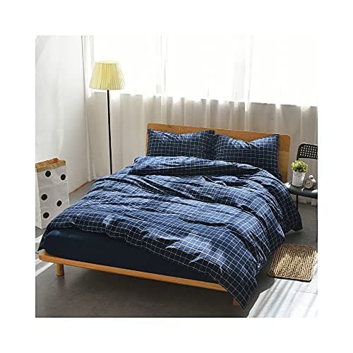 F.Y.Dreams 100% Washed Cotton Duvet Cover for Weighted Blanket 60x80 inches with 16 Ties, Zipper on Long Side/Navy Grid/Just Duvet Cover