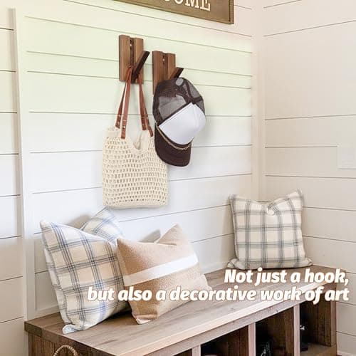 KYIAANY Foldable Wall Hooks 2Pack: Rustic Wooden Coat Hooks Mounted for Heavy Duty Hanging Hats Bags Beach Towels, Space Saving Minimalist Design for Aesthetic Homeowner 6
