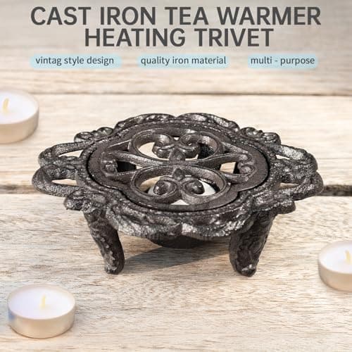 6.1 Inches Cast Iron Teapot Warmer Dish Cups Trivet,Flower-Shaped Design with Tealight Holder - Heavy Duty & Decorative Candle Holder Stands for Heat Food Coffee Milk or Tea 5