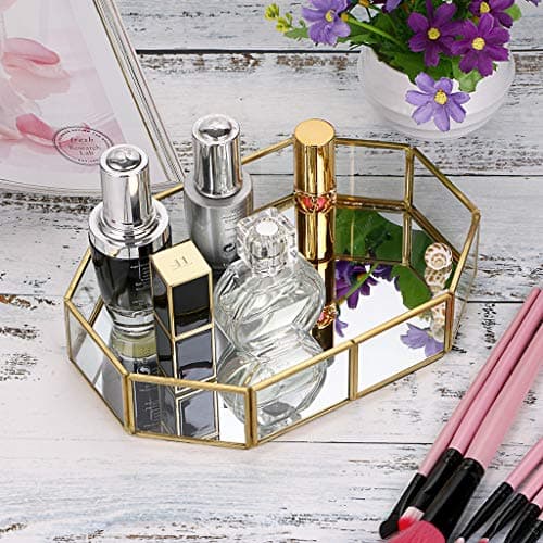 Hipiwe Mirror Glass Vanity Tray - Gold Ornate Makeup Tray Vintage Octagonal Perfume Tray Dresser Trays Jewelry Trinket Organizer for Bathroom Storage Trays for Home Decor 7
