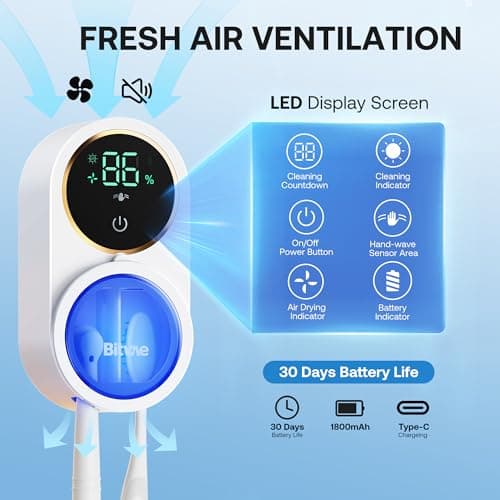 Bitvae Upgraded Tooth Brush Holder for Bathroom 2.0, Infrared Sensing Toothbrush Cleaner, Wall-Mounted for Most Size Toothbrushes, Air Drying, LED Smart Screen, White Gold Trim 7