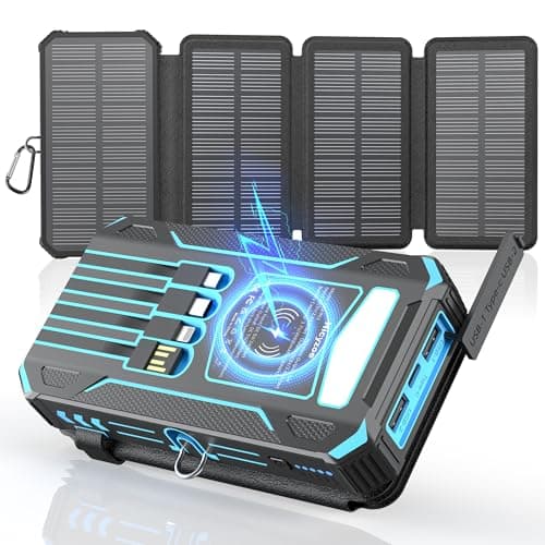 Hicyzoe Solar Charger Power Bank 49800mAh Wireless Portable Phone Charger Built-in 4 Cables and 4 Solar Panels,12W QC3.0 Fast Charging USB-C Battery Pack for iPhone with Flashlight for Camping Travel