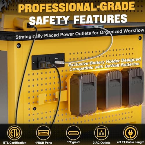 Work Bench, Ferreteriai 47" Heavy Duty Workbench with Power Outlet & USB-C, Exclusive Yellow Side Battery Holder, Adjustable Height, 2100LB Capacity, Locking Wheels for Garage Workshop 5