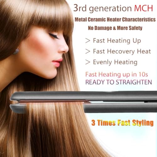 NITION Ceramic Tourmaline Hair Straighteners LCD Flat Iron MCH 10s Fast Heating Up. 1" Smooth 3D Floating Plate Healthy Straightening Tools. Travel Pouch Bag. Dual Voltage. Luxury Gift Box. Black 5
