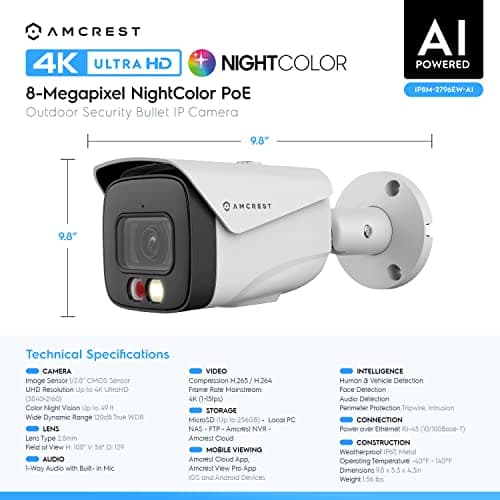 Amcrest UltraHD 4K (8MP) IP PoE AI Camera, FOV 129°, 49ft Color Nightvision, Security Outdoor Bullet Camera, Human & Vehicle Detection, Active Deterrent, 4K @15fps, IP8M-2796EW-AI (White) 8