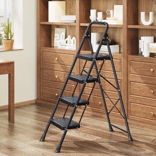 KINGRACK 4 Step Ladder, Sturdy Steel Step Stool with Anti-Slip Wide Pedals, Handrail, Safe-Lock Design, Pass 800lbs Load Testing, Folding Portable Ladder for Multi-Purpose, Home, Kitchen, Black 8