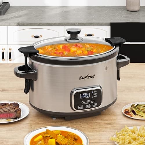 Sunvivi 4QT Programmable Slow Cooker with Locking Lid, Removable Ceramic Pot, 3 Heating Settings & Timer, Dishwasher-Safe, Stainless Steel 5