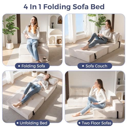MAXYOYO Folding Sofa Bed, Convertible Sofa Bed with High-Density Support Foam, Portable 4 in 1 Fold Out Chair to Floor Lounger, Versatile Floor Couch for Living Room Bedroom, Beige 5