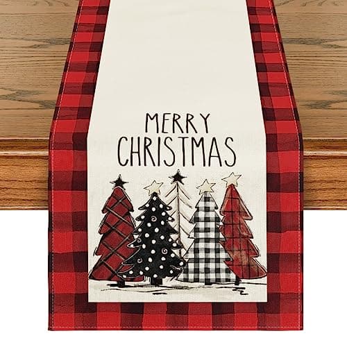 Artoid Mode Watercolor Red and Black Buffalo Plaid Christmas Trees Merry Xmas Table Runner, Seasonal Winter Holiday Kitchen Dining Table Decoration for Indoor Outdoor Home Party Decor 13 x 108 Inch