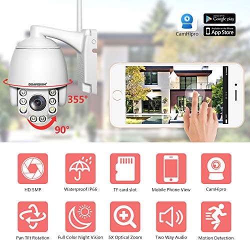 BOAVISION 5MP PTZ WiFi Camera, HD Outdoor Wireless IP Camera, Pan Tilt 5X Optical Zoom, Two Way Audio, 196ft Full Color Night Vision, Dome Security Cameras CamHipro Protocol 8