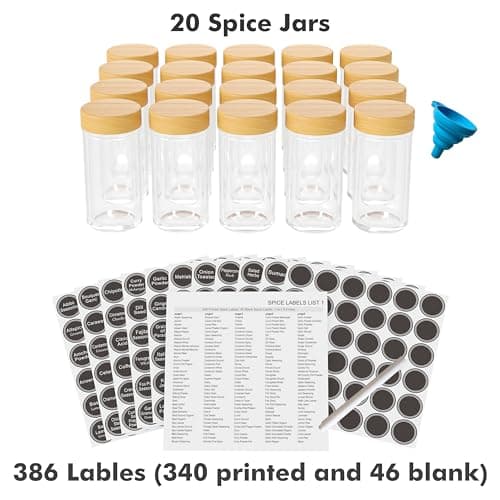 New England Stories Revolving Spice Rack Set with 20 Spice Jars, Kitchen Spice Tower Organizer for Countertop or Cabinet - Carousel Storage Includes 386 Spice Labels (Bamboo) 5