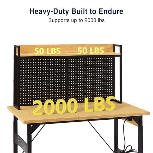 Tatub 48inch Adjustable Workbench with Wheels and Large Pegboard, Work Table with Power Outlets, 2000 LBS Load Capacity Rolling Work Benches for Garage, Office, Workshop, Home 3