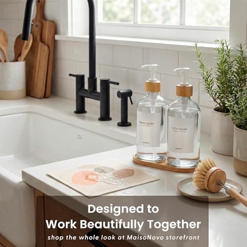MaisoNovo Glass Dish Soap Dispenser for Kitchen Set of 2-16.9oz Clear Dish and Hand Soap Dispenser Set for Kitchen - Clear Glass Bottles x 2 with White Bamboo Pumps & Tray 10