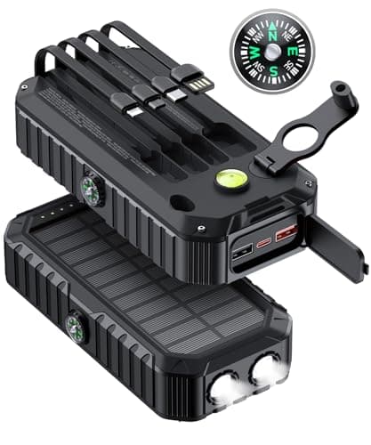 QiSa Solar Charger Power Bank 40000mAh Built in 4 Cables and Hand Crank, Portable Charger 22.5W Fast Charger 6 Outputs & 4 Inputs External Battery Pack with Bright Flashlight and Compass