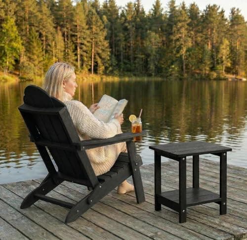 LUE BONA Folding Adirondack Chair, Adirondack Chairs Set of 2, Cup Holder, Woodgrain, Fire Pit, Patio, Pool, Black 8