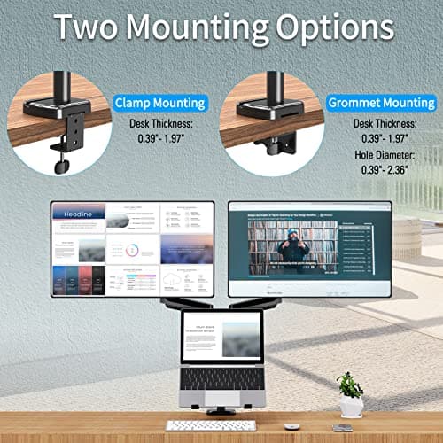 MOUNTUP Dual Monitor and Laptop Mount, Adjustable Monitor Stand for 2 Max 27" Computer Screens, Laptop Tray Fits 10-17inch Notebook, Holds 4.4-17.6lbs Per Arm, 3-in-1 Adjustable Monitor Desk Mount 6