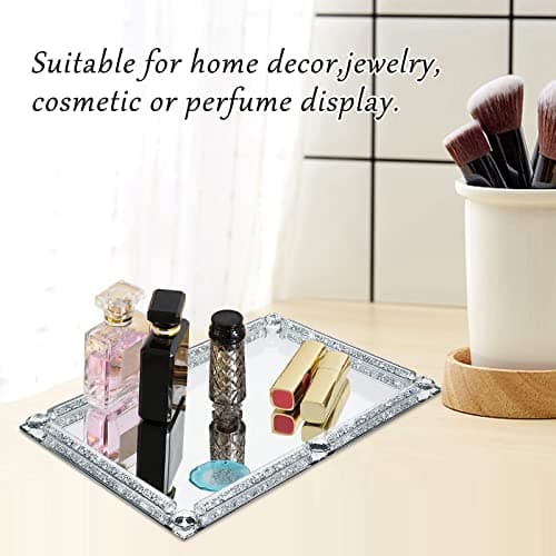 YCWF Mirror Perfume Tray for Dresser,Crushed Diamond Filled Glass Vanity Tray,Decorative Bathroom Tray,Crystal Tray for Home Decorative,Party,Hotel Banquet,11.8"x 7.9"x1.2",Silver 4