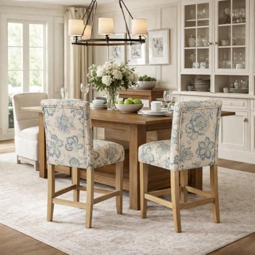 HomePop Upholstered Counter Height Barstool, 24-inch, Blue and Tan Jacobean 2