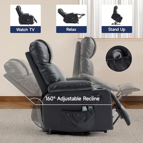 Power Lift Recliner Chair for Elderly with Massage & Heat, 160° Adjustable PU Leather Electric Recliner with Remote, Cup Holders, Side Pockets, and Stand Assist for Living Room, Bedroom (Black) 6