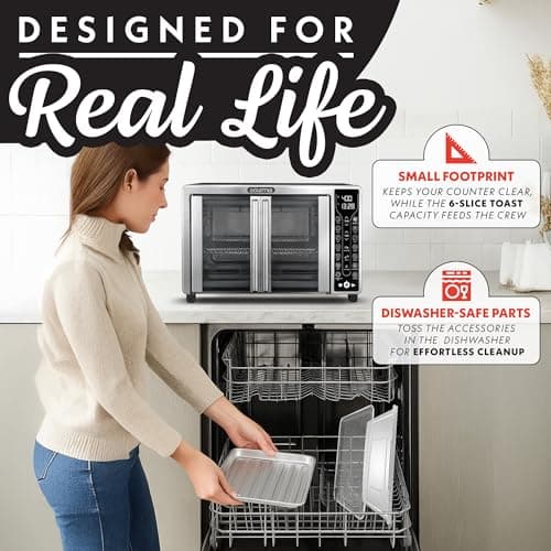 Gourmia French Door Air Fryer – 25 Qt Large Capacity Convection Oven, Fryfroce 360°, Digital Display with 17 Cooking Presets, Bake, Toast, Roast, Dehydrate, Fits 12” Pizza 7